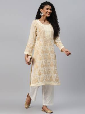 Ada Hand Crafted Beige cotton Lucknowi chikankari Indian Women Kurta - A238244 3
