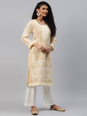Ada Hand Crafted Beige cotton Lucknowi chikankari Indian Women Kurta - A238244 4