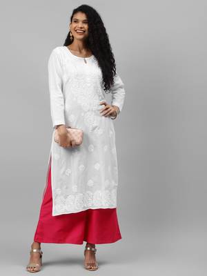 Ada White Hand embroidered cotton Lucknowi chikankari indian Women Kurti - A213461 1