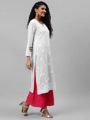 Ada White Hand embroidered cotton Lucknowi chikankari indian Women Kurti - A213461 3