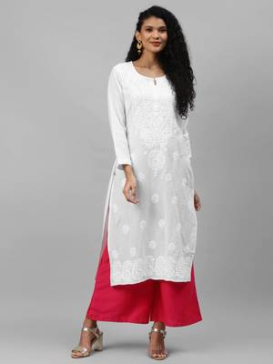 Ada White Hand embroidered cotton Lucknowi chikankari indian Women Kurti - A213461 4