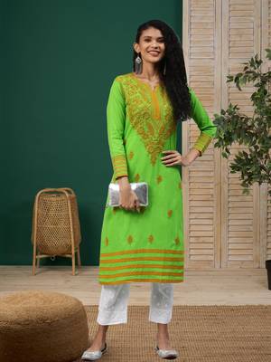 Handmade Green Cotton Lucknowi Chikankari Indian Women Kurta 1