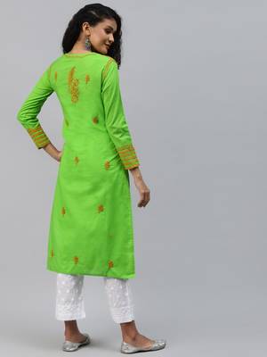 Handmade Green Cotton Lucknowi Chikankari Indian Women Kurta 2
