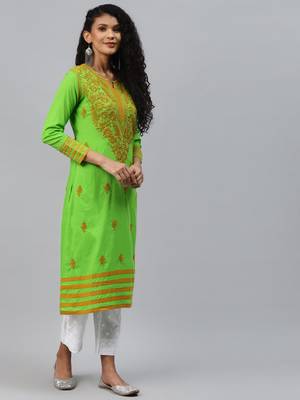 Handmade Green Cotton Lucknowi Chikankari Indian Women Kurta 3