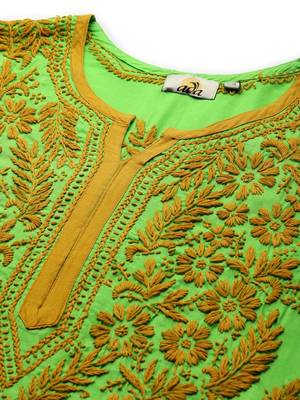 Handmade Green Cotton Lucknowi Chikankari Indian Women Kurta 4