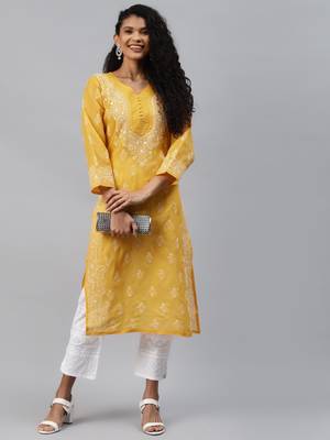 Ada Mustard Hand embroidered cotton lucknow chikankari indian Women Kurta - A263262 1