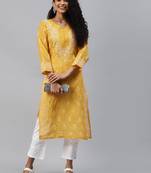 Ada Mustard Hand embroidered cotton lucknow chikankari indian Women Kurta - A263262