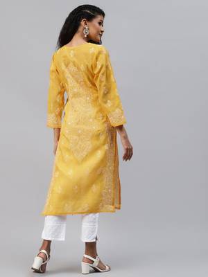 Ada Mustard Hand embroidered cotton lucknow chikankari indian Women Kurta - A263262 2