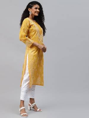 Ada Mustard Hand embroidered cotton lucknow chikankari indian Women Kurta - A263262 3