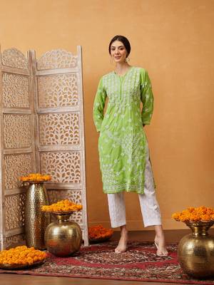 Green Embroidered Cotton Chikankari Women Kurta 1