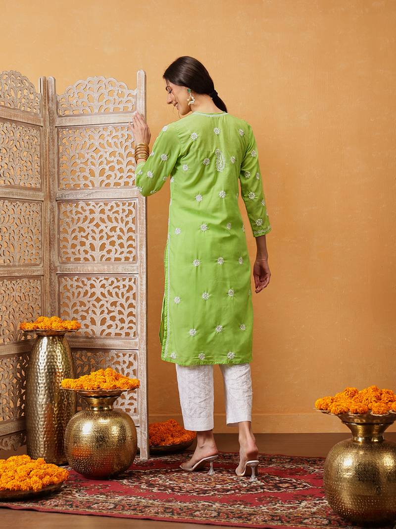 Green Embroidered Cotton Chikankari Women Kurta
