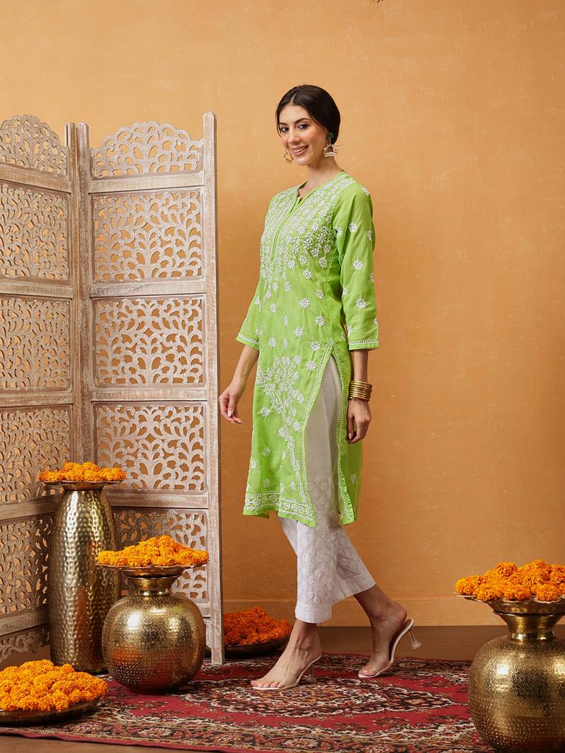 Green Embroidered Cotton Chikankari Women Kurta
