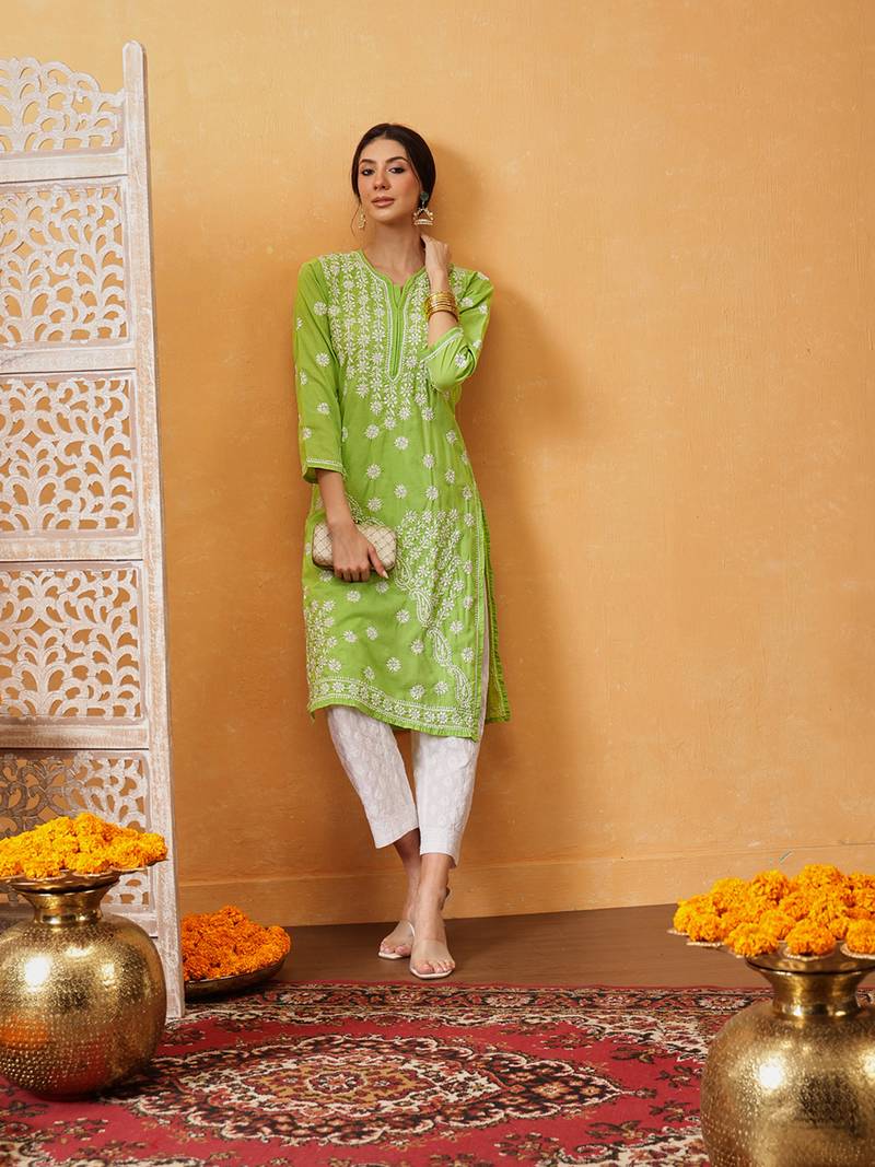 Green Embroidered Cotton Chikankari Women Kurta