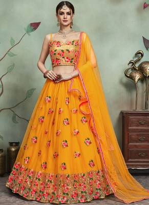 Yellow Embroidered Net Designer Party Wear Lehenga 1
