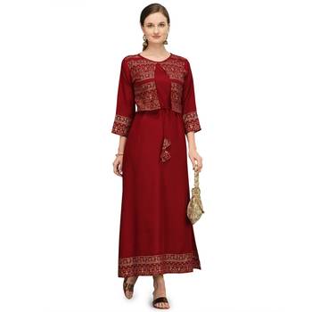 Women's Rayon Printed Readymade Kurti (Maroon ) 1