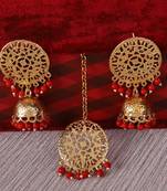 Steorra Jewels Golden Red Jhumki with Maangtikka for Women