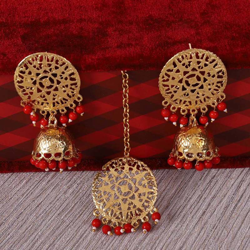 Steorra Jewels Golden Red Jhumki with Maangtikka for Women