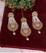 Steorra Jewels Gold Plated kundan meenakari Traditional chandbali Stylish Pearl passa maang Tikka and Earring Set