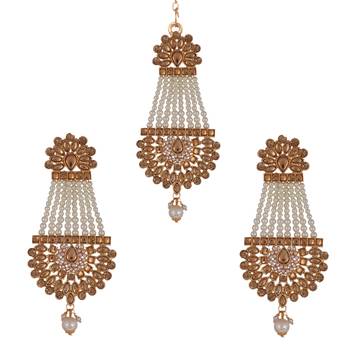 Steorra Jewels Gold Plated kundan meenakari Traditional chandbali Stylish Pearl passa maang Tikka and Earring Set 2