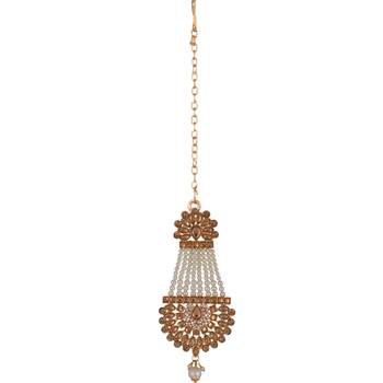 Steorra Jewels Gold Plated kundan meenakari Traditional chandbali Stylish Pearl passa maang Tikka and Earring Set 4