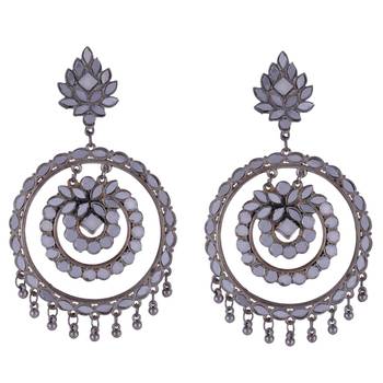 German Silver Mirror work Drop and Dangler Hoop Chand Bali Statement Earring for Women & Girls 1