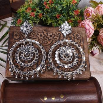 German Silver Mirror work Drop and Dangler Hoop Chand Bali Statement Earring for Women & Girls 2