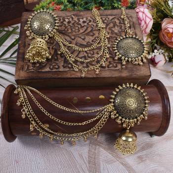 Oxidized Golden Bahubali Earrings with Chain Jhumka and Maang Tikka Traditional Earrings for Women Earrings For Girls 1