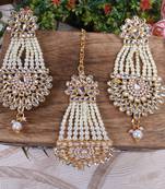 Golden Kundan Polki Pearl AD Stone Earrings Maang Tikka Set For Women and Girls