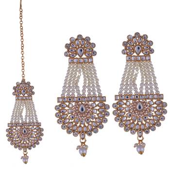 Golden Kundan Polki Pearl AD Stone Earrings Maang Tikka Set For Women and Girls 2