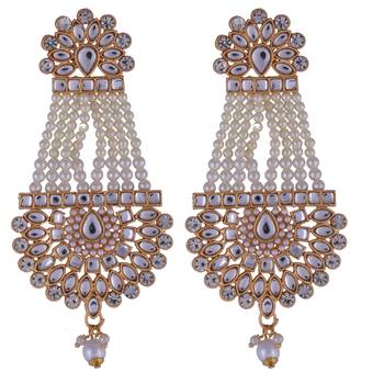 Golden Kundan Polki Pearl AD Stone Earrings Maang Tikka Set For Women and Girls 3