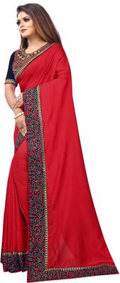 Red Vichitra Silk Embriodered Lace and Embriodered Blouse Piece. 2