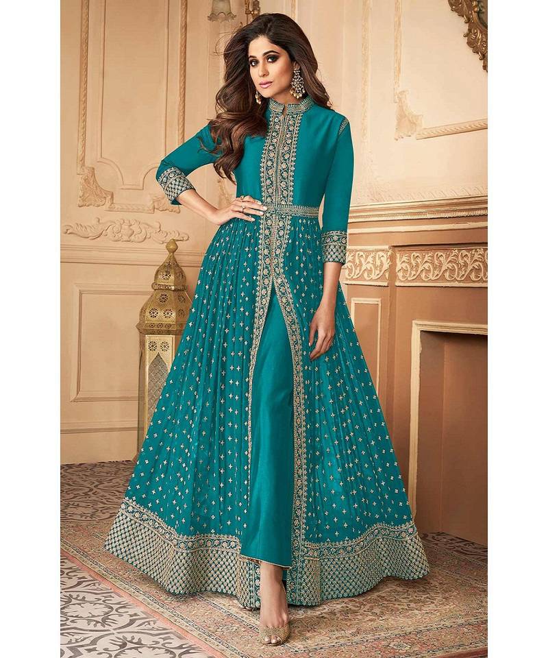 Topnotch Aari Work Firozi Anarkali Pant Suit