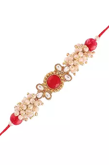 Gold Plated Ethnic Designer Pearl Kundan Rakhi Bracket for Brother/Men (R011R-R)