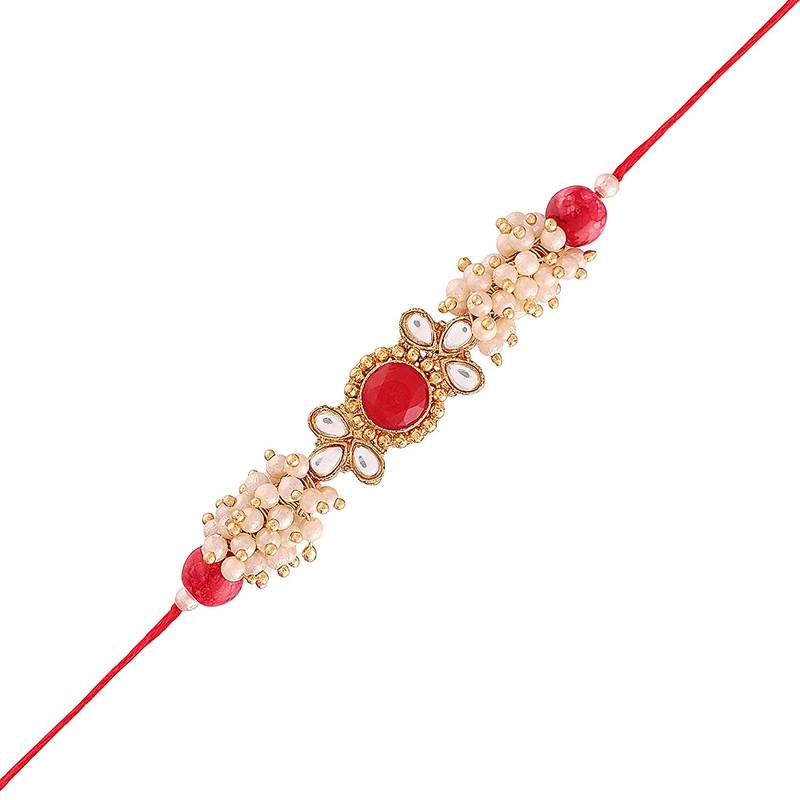Gold Plated Ethnic Designer Pearl Kundan Rakhi Bracket for Brother/Men (R011R-R)