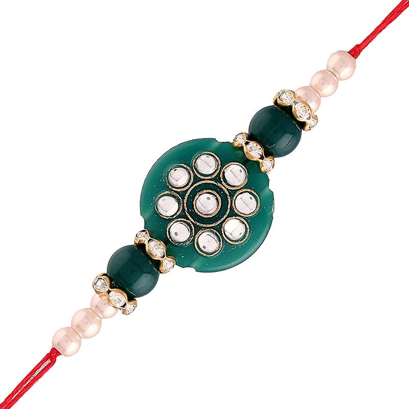 Gold Plated Ethnic Designer Pearl Beads Rakhi Bracelet for Brother/Men (R019-R)