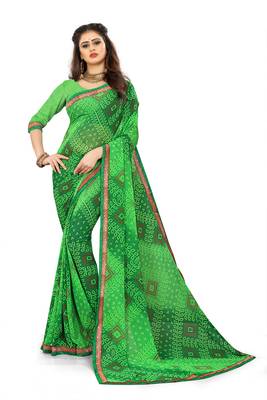 Green printed georgette saree with blouse 1