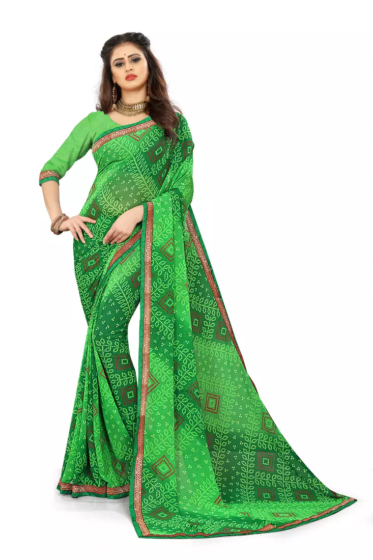 Green printed georgette saree with blouse