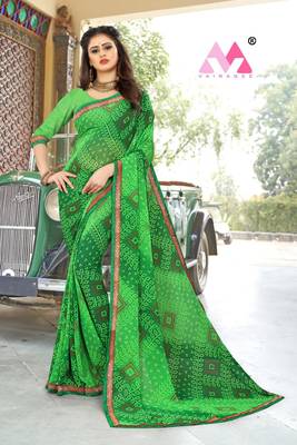 Green printed georgette saree with blouse 2