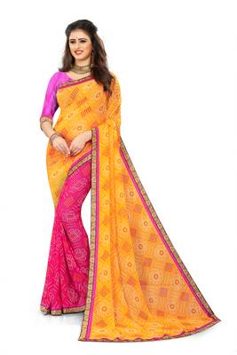 Yellow printed georgette saree with blouse 1