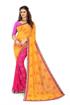 Yellow printed georgette saree with blouse
