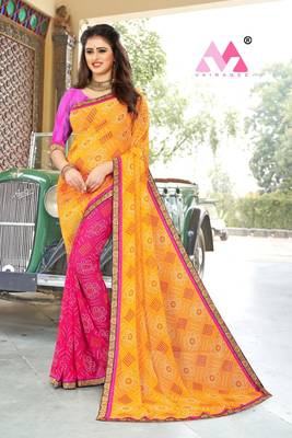 Yellow printed georgette saree with blouse 2