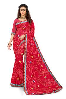 Red printed georgette saree with blouse