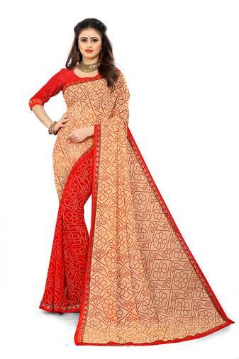 Red printed georgette saree with blouse