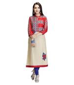 Red embroidered art silk long-kurtis