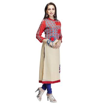 Red embroidered art silk long-kurtis 4