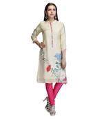 Cream woven silk long-kurtis