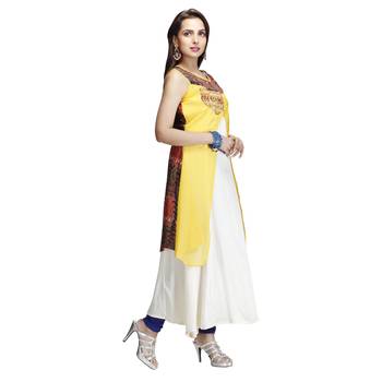 Yellow printed georgette long-kurtis 4