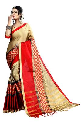 Beige printed art silk saree with blouse 1