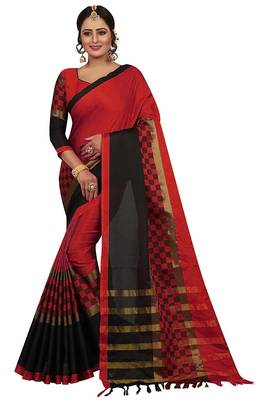 Red printed art silk saree with blouse 1
