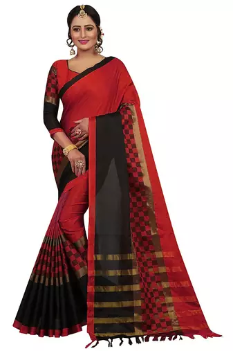 Red printed art silk saree with blouse